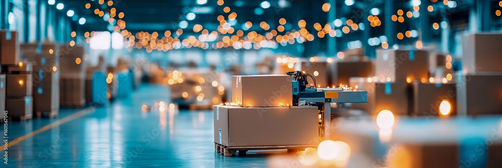 Poster modern automated packing process within a large logistics warehouse, featuring warm luminous bokeh e