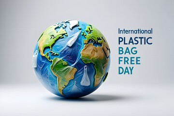 International plastic bag free day concept, earth globe with plastic bags pollution