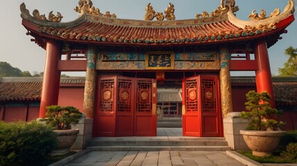 Obraz premium Red Chinese temple gate with dragon motifs and incense smoke in soft morning light