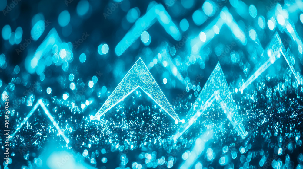 Poster abstract teal luminous arrows ascending with sparkling particles, symbolizing digital growth and tec