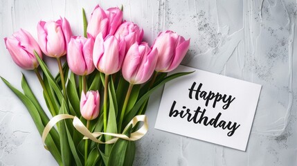 Pink Tulips Bouquet with Birthday Greeting