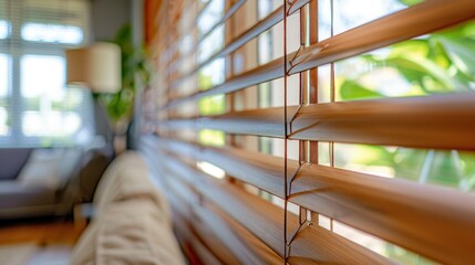 Close-up of Wooden Blinds with Blurred Background
