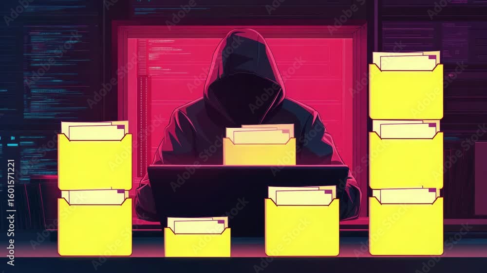 Poster data breach attack concept. hacker in hoodie sitting at the computer in dark room with files