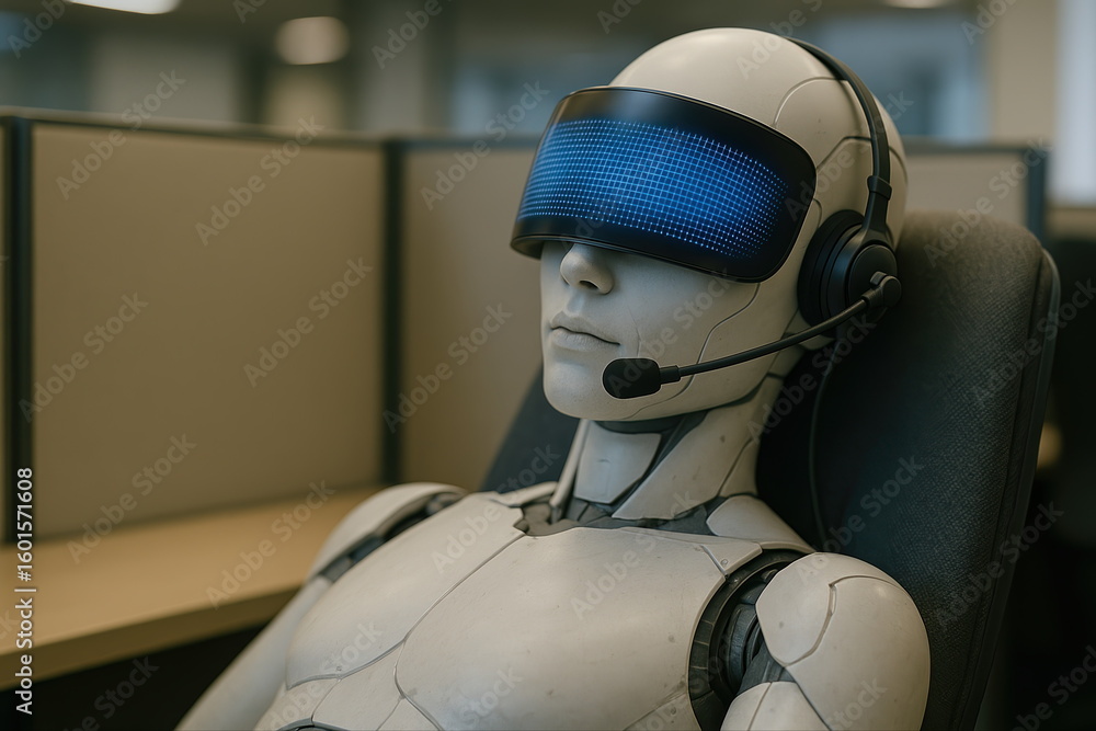 Poster ai avatar in call center booth with futuristic headset and visor in a modern office setting reflecti