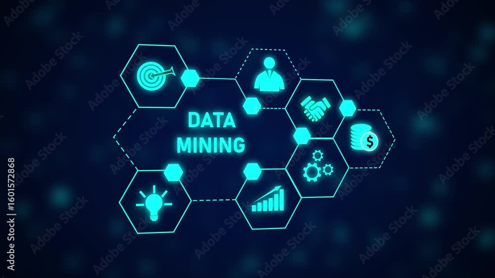 Poster data mining abstract hexagon network business intelligence technology innovation growth strategy. em