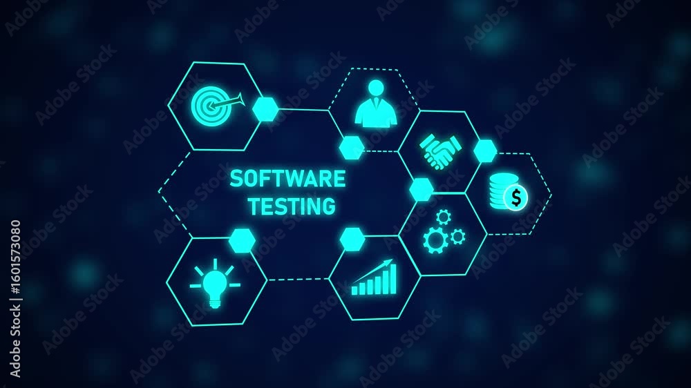 Poster software testing process animated hexagon network technology business growth success innovation. web