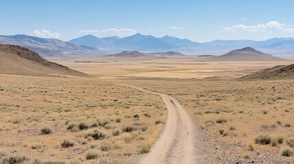 Dusty desert road winds through a vast valley, leading to distant mountains