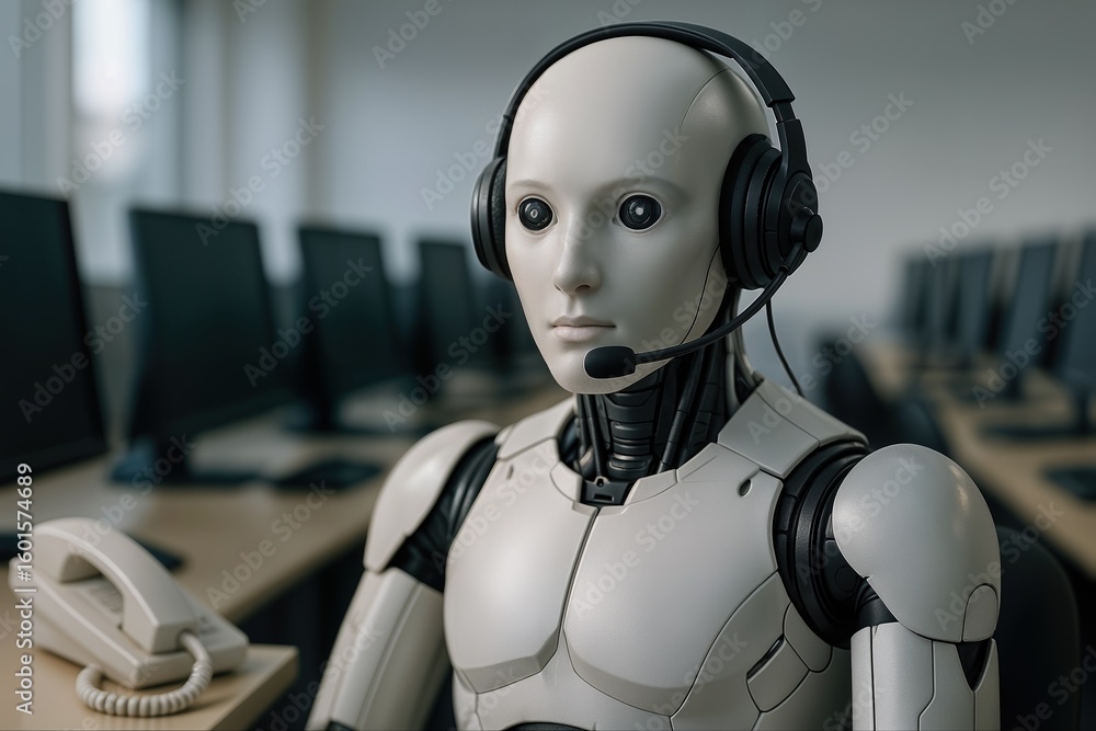 Poster futuristic robot with headset in call center office reflecting in computer monitor