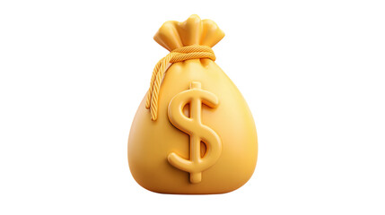 3D yellow money bag icon in cartoon plastic style, economy and finance symbol, isolated on transparent background 