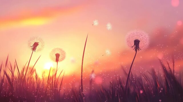 Beautiful dandelion field at sunset, pink and orange sky with dandelions blowing seeds for serene