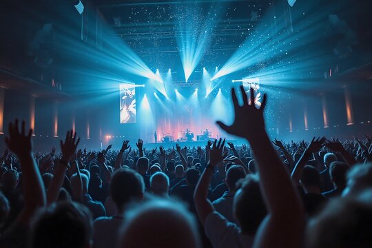 Energetic crowd with hands raised in excitement under dazzling blue stage lights at a live concert event