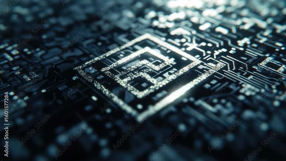 Poster close-up view of a semiconductor integrated chip with various electronic components. a microprocesso