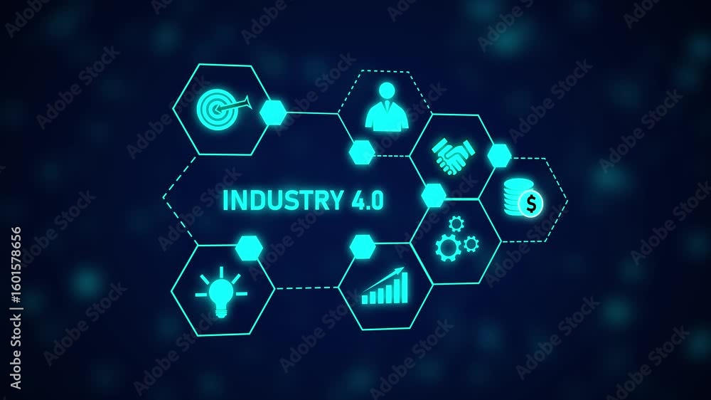 Poster industry 4.0 animation digital transformation smart factory technology innovation network. industry 