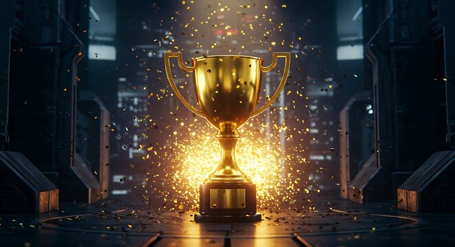 Golden Trophy in Futuristic Setting with Confetti Burst Celebrating Victory and Success Achievement