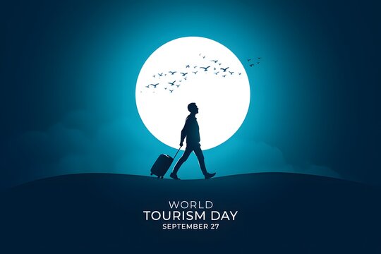 World tourism day travel concept silhouette man with luggage against moon and birds