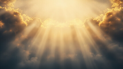 Sunlight beams radiate through dramatic clouds, creating a golden, heavenly glow in the sky.