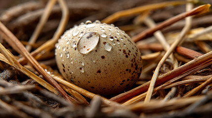 A close-up of a speckled bird egg covered in water droplets nestled in dry twigs and grass.