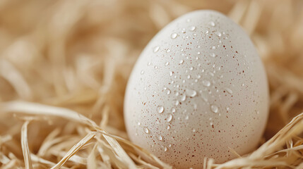 A close-up of a single white egg with water droplets resting on straw bedding.