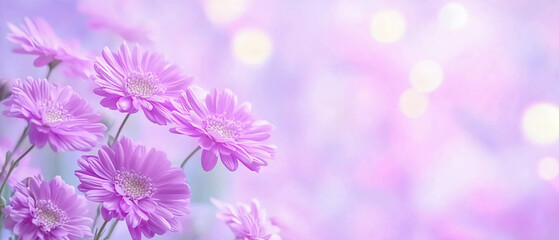 Soft purple daisies bloom against a dreamy, pastel bokeh background, creating a serene and delicate floral scene.