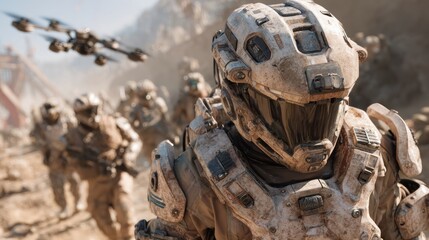 Futuristic Soldiers with Drones in a Desert Environment ready for action