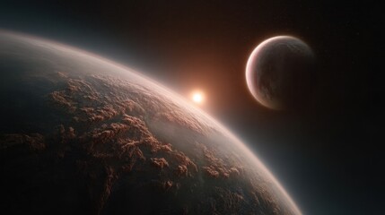 Fototapeta premium Exoplanet atmosphere illuminated by stunning binary sunrise