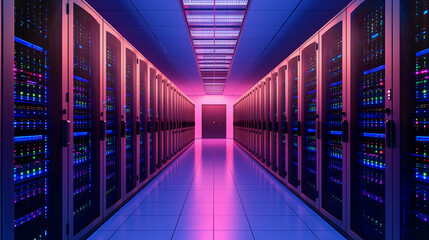 A futuristic data center hallway with rows of illuminated server racks glowing in neon purple and blue lighting.