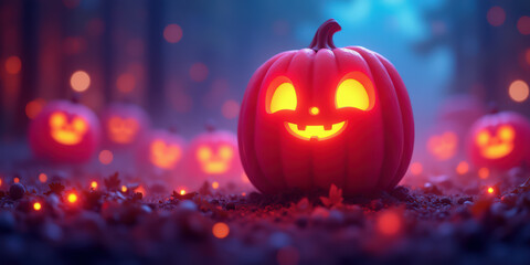 Glowing jack-o'-lanterns in a spooky forest