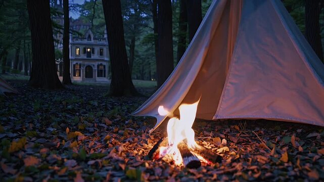 cinematic 4K animation showing tent campfire scene forest night distant view castle under stars blending natural wilderness medieval storytelling