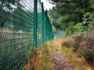 A verdant chain-link fence lines a narrow, grassy path beside a blurred, flowering hedgerow on an overcast day