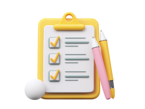 White clipboard with checklist, task management icon in cartoon plastic style, 3D rendering isolated on transparent background 