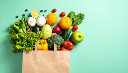 Fresh produce spilling from a brown paper bag on a mint green background