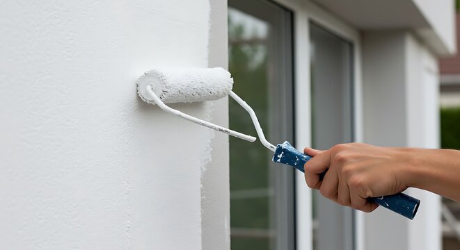 Close-up of painter's hand applying white paint with roller on facade