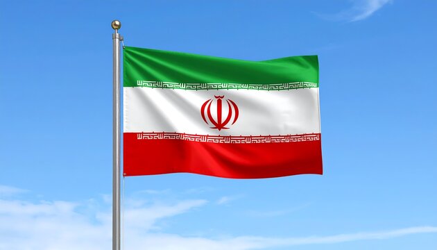 Iranian flag waving in a clear blue sky