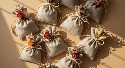 Decorative Fabric Pouches with Dried Flowers and Natural Elements on a Soft Background