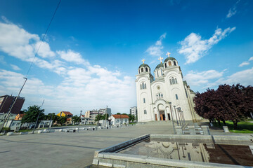 Wide view of Valjevo Cathedral of the Resurrection, or Saborna crkva Vaskrsenja Gospodnjeg u Valjevu, a serbian orthodox cathedral in Valjevo, Serbia.