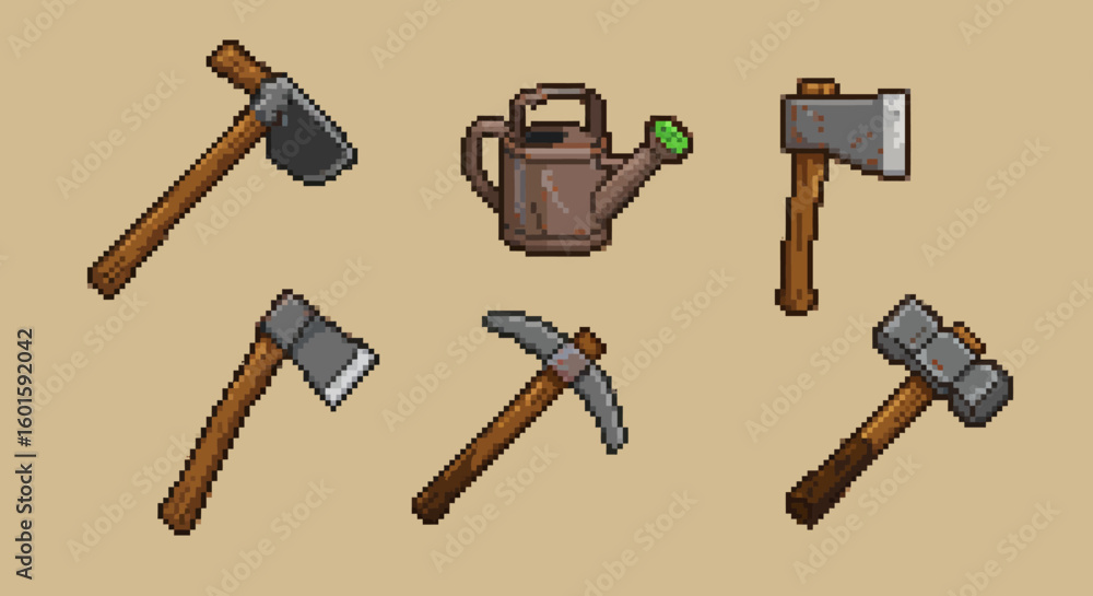 Fototapete a set of pixelated tool graphics for crafting and survival themes. features a variety of work implem