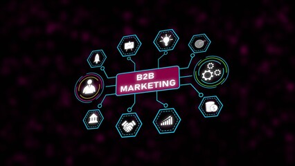 B2B Marketing Concept Diagram White Icons Dark Purple Background Neon Blue Lines Hexagons business strategy