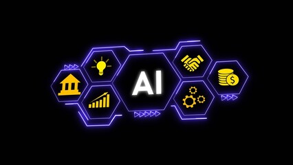 A I Technology Hexagon Network Graphic Yellow Gold Icons Blue Purple Neon Glow Dark Background artificial