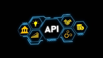 A P I Technology Hexagon Interface Yellow Gold Blue Neon Dark Background Business Finance Concept icons