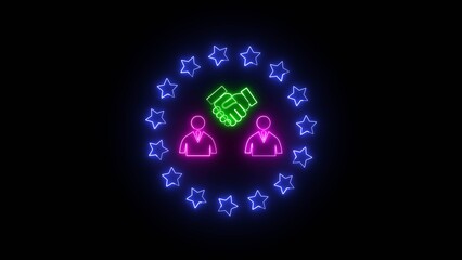 Neon Green Handshake Business Partnership Symbol Pink Figures Blue Stars Circle Dark Background image