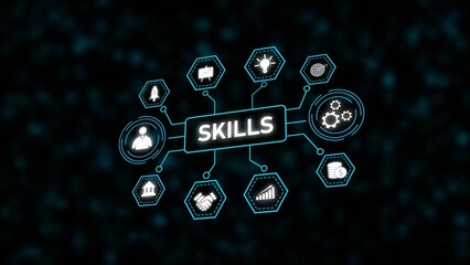 Skills Network Diagram Teal Hexagons White Icons Dark Background Business Concept image