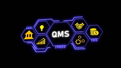 QMS Acronym in Hexagon Shaped Interface with Yellow Icons of Bank Building Lightbulb Handshake Gears and Coins on Dark Background