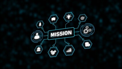Teal and White Business Mission Concept Graphic with Icons Showing Teamwork Growth Strategy and Finance on Dark Background