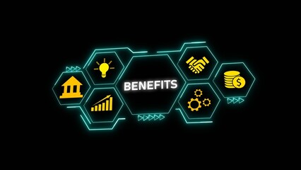 Teal Hexagon Benefits Graphic Yellow Icons Lightbulb Bank Handshake Coins Graph Gears Dark Background