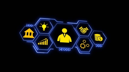 Yellow Business Icons Hexagon Network Blue Neon Glow Dark Background Financial Growth Strategy Teamwork Idea Concept