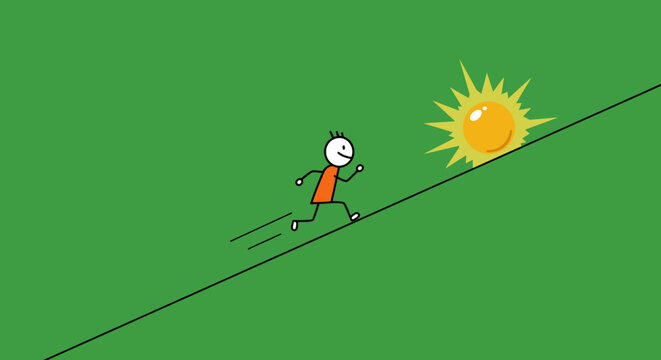 Stick figure person running uphill towards the sun on a green background, symbolizing achievement and striving for goals