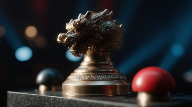 Golden dragon trophy cup for fighting game championship on arcade machine