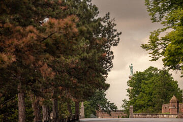 Bronze Victor statue on its column at Belgrade Kalemegdan Fortress is seen the fortress walls Designed by Mestrovic in 1928, Pobednik is Located in Kalemegdan fortress, it's a landmark of the city.