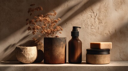 Minimalist Skincare Setup in Earthy Tones with Natural Light and Organic Packaging – Aesthetic Bathroom Shelf Decor