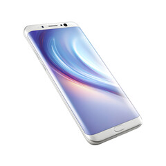Modern white smartphone with curved screen displaying abstract blue and purple light streaks isolated on transparent background